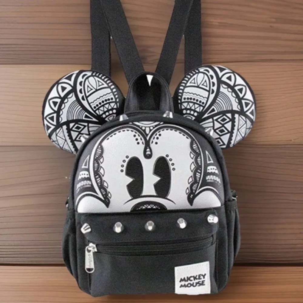 MICKEY MOUSE Backpack 2 In 1 Retro Mini Crossbody Black White Print Silver Studs